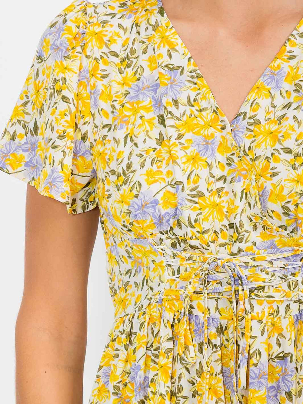 WOMEN'S SHORT SLEEVE SURPLICE FRONT TIE FLOWER PRINT MIDI DRESS