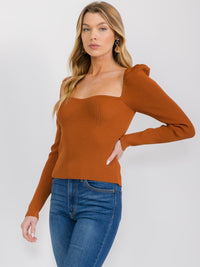 WOMEN'S LONG SLEEVE SQUARE NECK RIBBED TOP