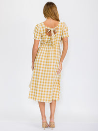 WOMEN'S SHORT SLEEVE V-NECK BUTTON CLOSURE FRONT POCKETS PLAID MIDI DRESS