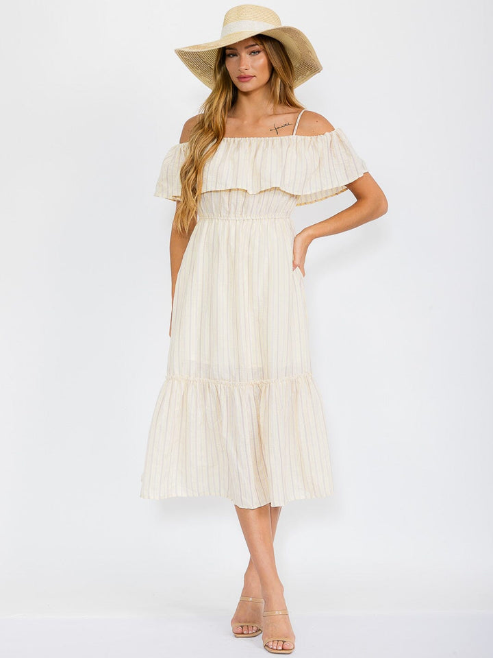 WOMEN'S OFF SHOULDER ELASTIC WAIST TIERED STRIPES MIDI DRESS