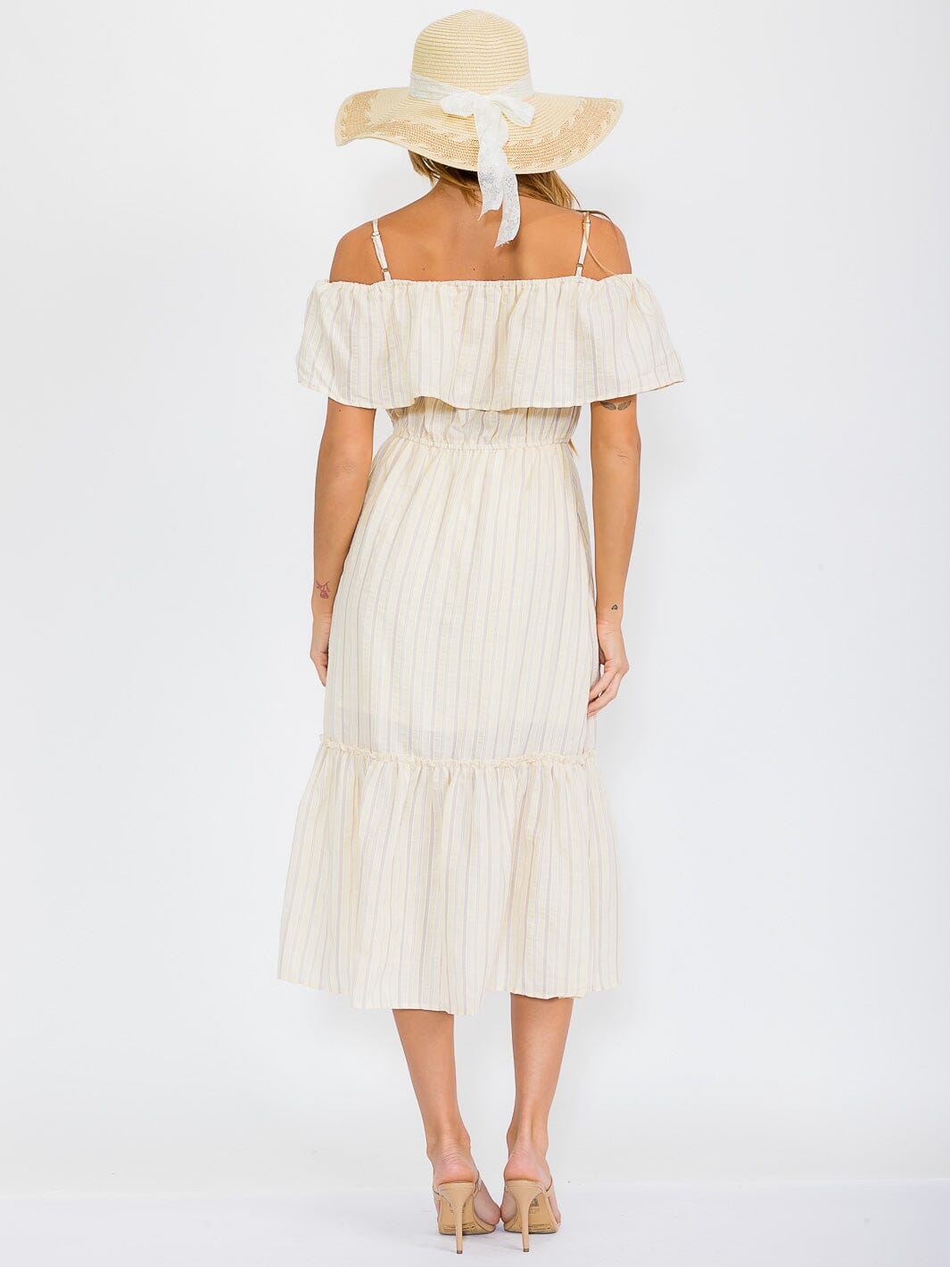 WOMEN'S OFF SHOULDER ELASTIC WAIST TIERED STRIPES MIDI DRESS