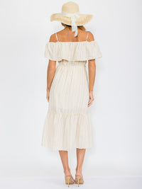 WOMEN'S OFF SHOULDER ELASTIC WAIST TIERED STRIPES MIDI DRESS