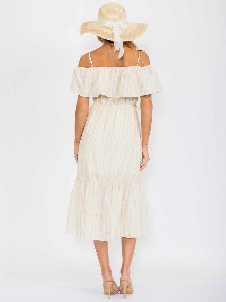 WOMEN'S OFF SHOULDER ELASTIC WAIST TIERED STRIPES MIDI DRESS