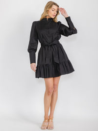 WOMEN'S LONG SLEEVE BUTTON UP SELF TIE POCKETS TIERED MINI DRESS