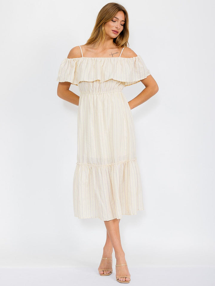 WOMEN'S OFF SHOULDER ELASTIC WAIST TIERED STRIPES MIDI DRESS