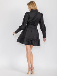 WOMEN'S LONG SLEEVE BUTTON UP SELF TIE POCKETS TIERED MINI DRESS