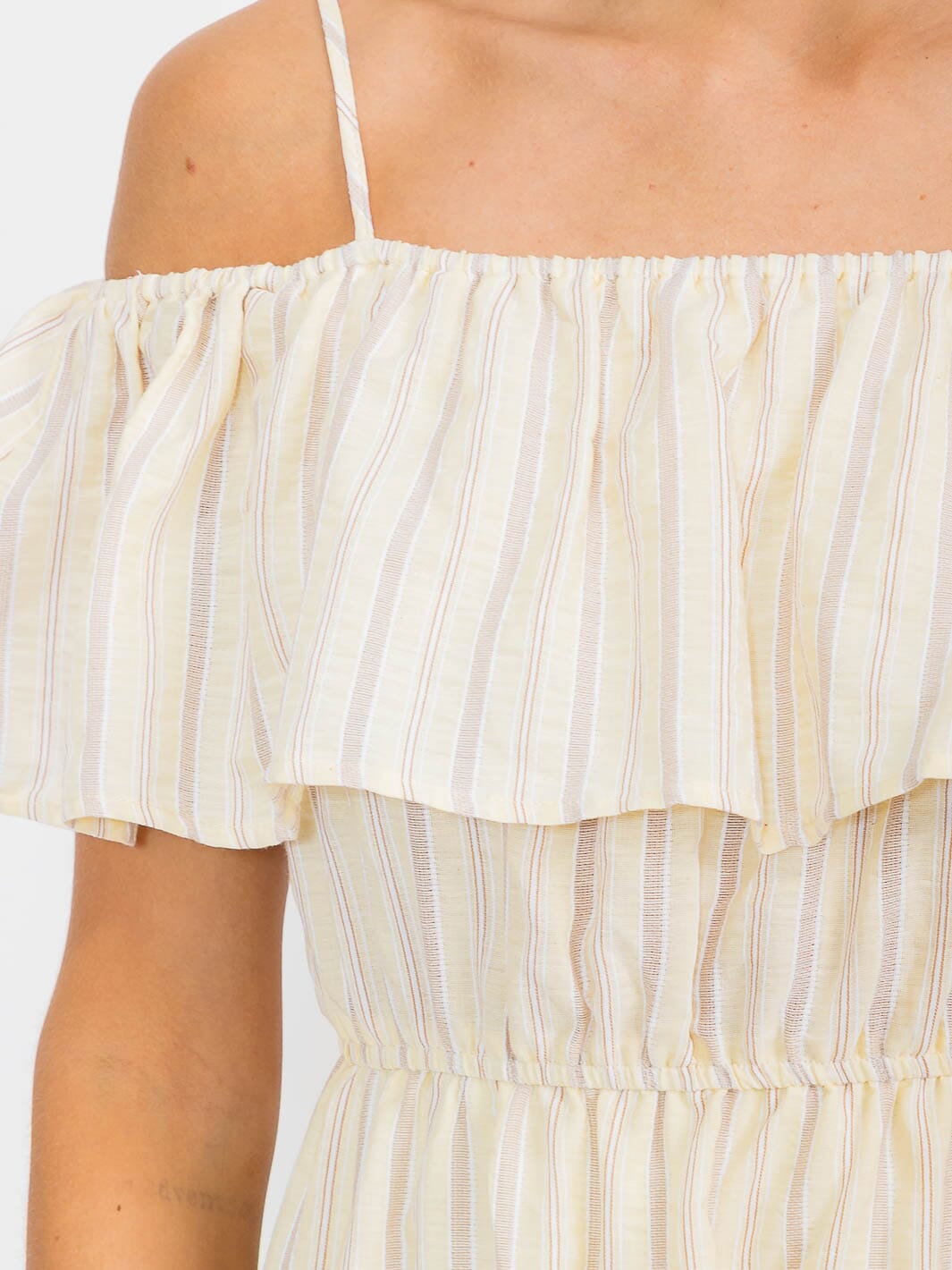 WOMEN'S OFF SHOULDER ELASTIC WAIST TIERED STRIPES MIDI DRESS