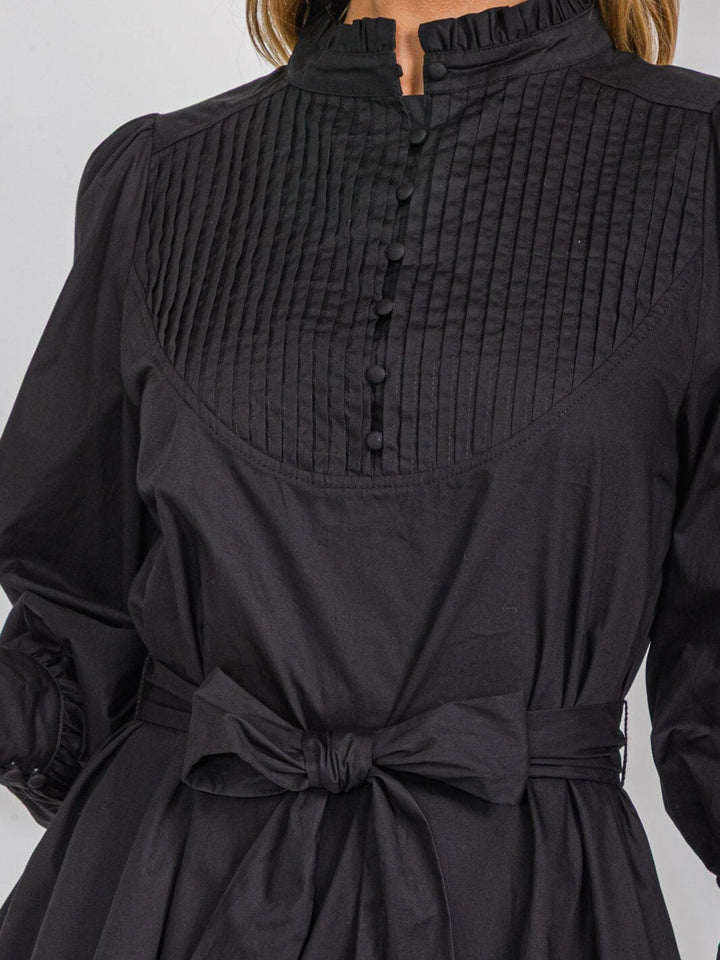 WOMEN'S LONG SLEEVE BUTTON UP SELF TIE POCKETS TIERED MINI DRESS