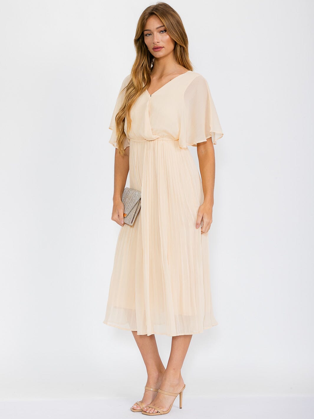 WOMEN'S SHORT SLEEVES SURPLICE OPEN BACK ELASTIC WAIST MAXI DRESS