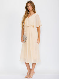 WOMEN'S SHORT SLEEVES SURPLICE OPEN BACK ELASTIC WAIST MAXI DRESS