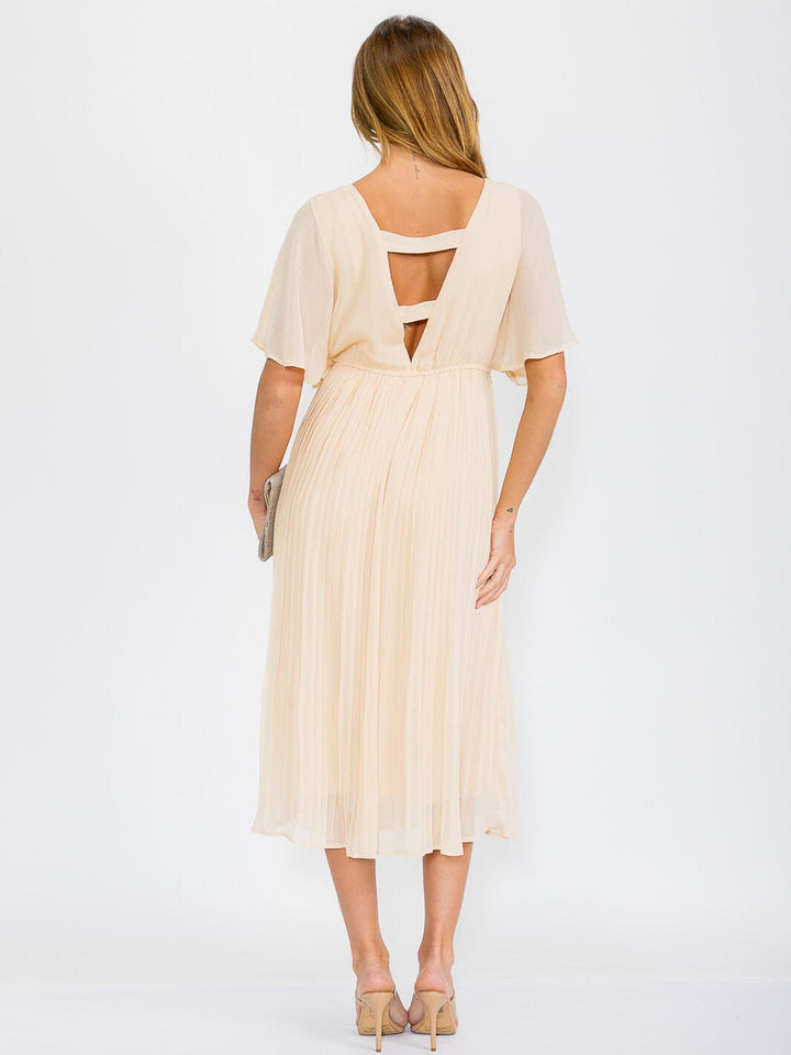 WOMEN'S SHORT SLEEVES SURPLICE OPEN BACK ELASTIC WAIST MAXI DRESS
