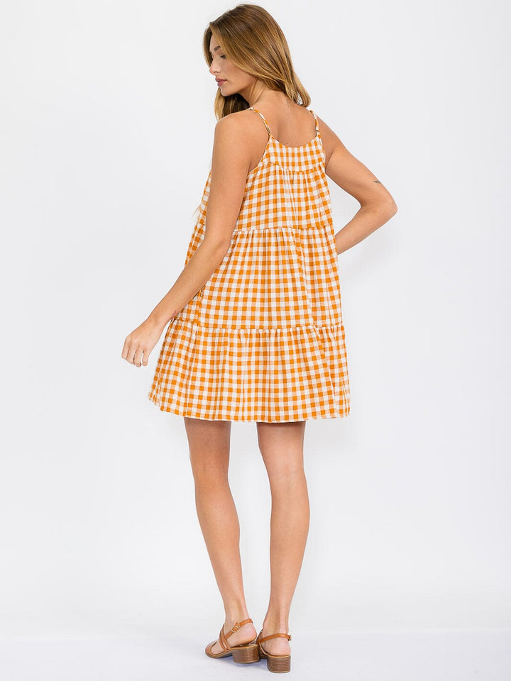 WOMEN'S SLEEVELESS TIERED FRONT POCKETS PLAUID TUNIC MINI DRESS