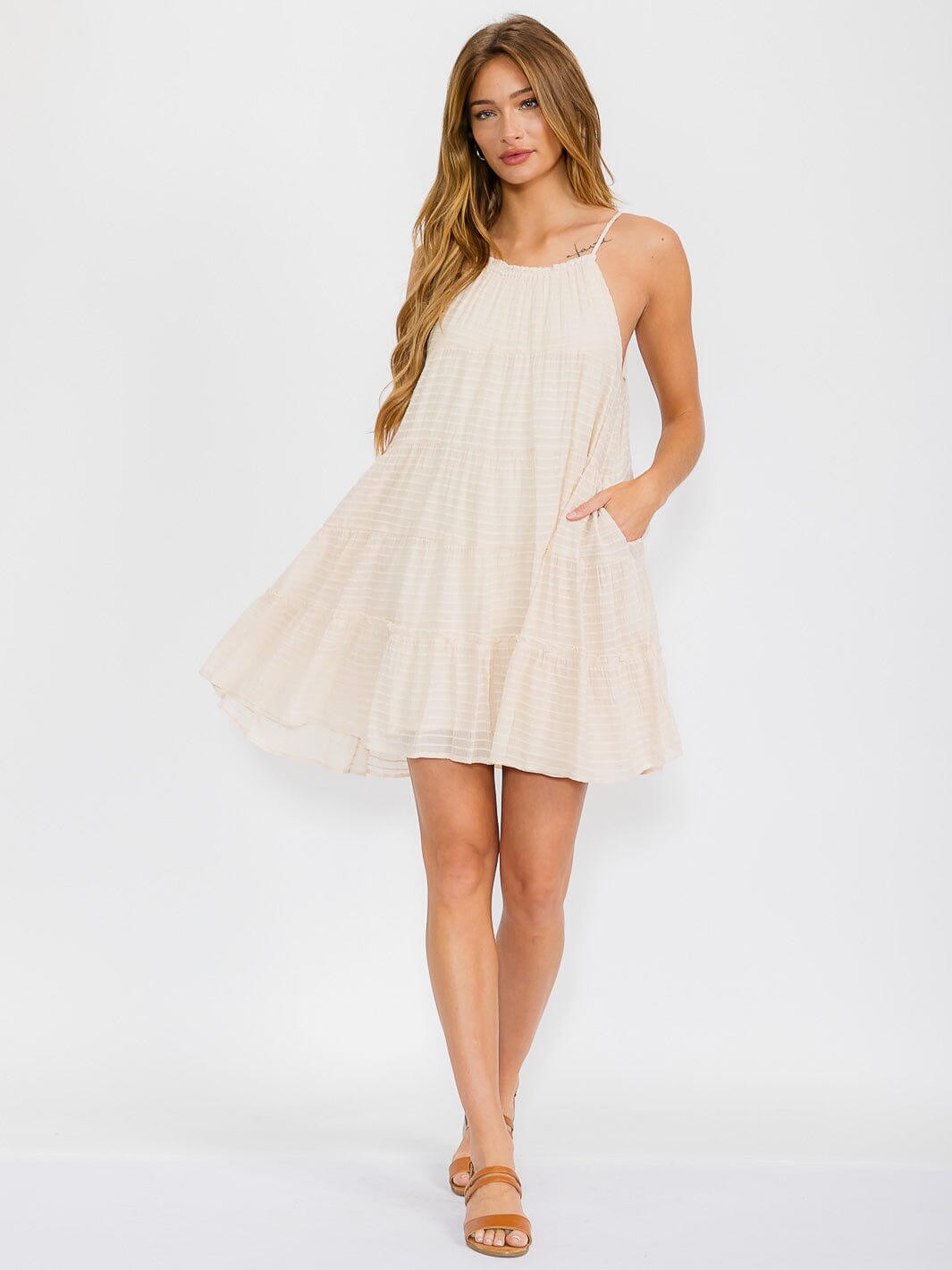 WOMEN'S SLEEVELESS ADJUSTABLE STRAPS TIERED TUNIC MINI DRESS