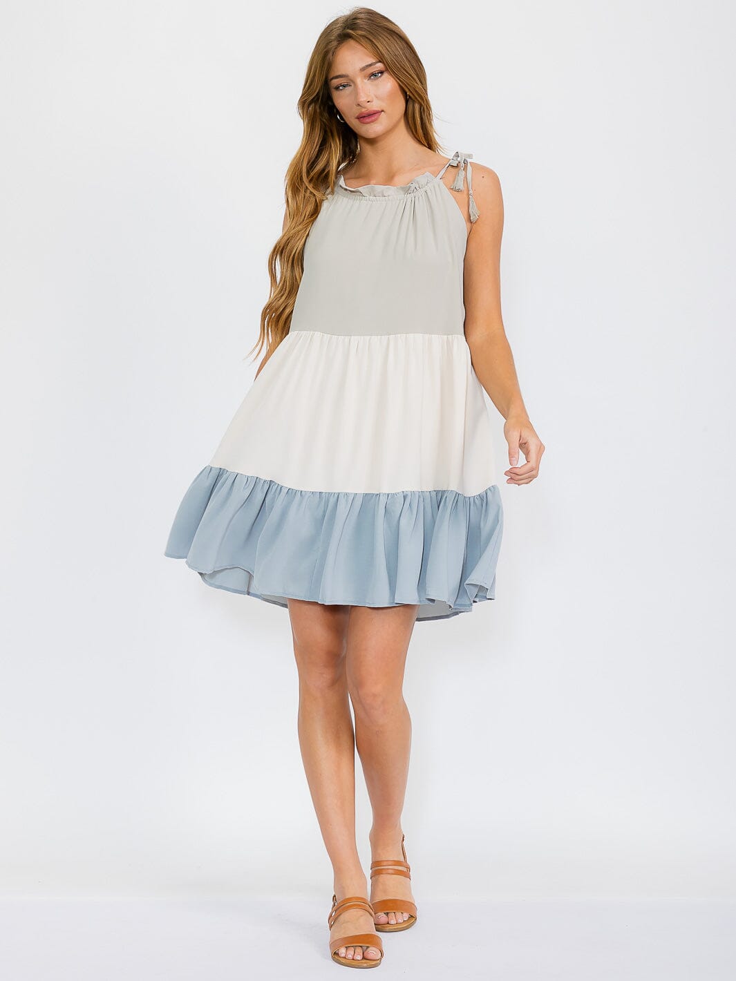 WOMEN'S SLEEVELESS TIERED COLORBLOCK TUNIC MINI DRESS