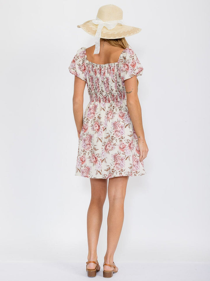WOMEN'S SHORT SLEEVES SMOCK FLORAL MINI DRESS