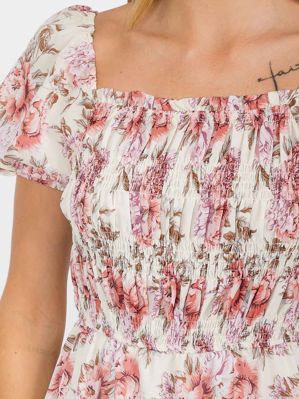 WOMEN'S SHORT SLEEVES SMOCK FLORAL MINI DRESS