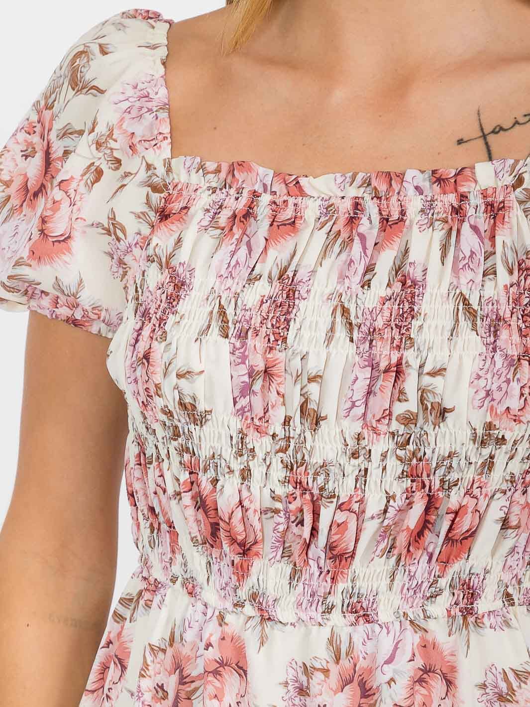 WOMEN'S SHORT SLEEVES SMOCK FLORAL MINI DRESS