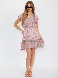 WOMEN'S RUFFLE SLEEVE V-NECK ELASTIC WAIST FLORAL MINI DRESS