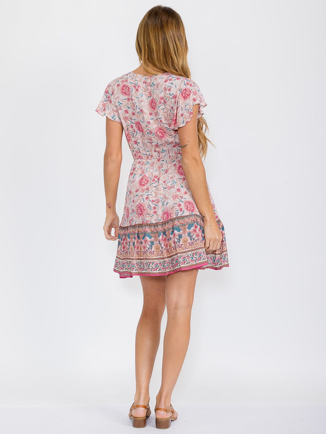 WOMEN'S RUFFLE SLEEVE V-NECK ELASTIC WAIST FLORAL MINI DRESS