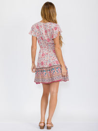 WOMEN'S RUFFLE SLEEVE V-NECK ELASTIC WAIST FLORAL MINI DRESS