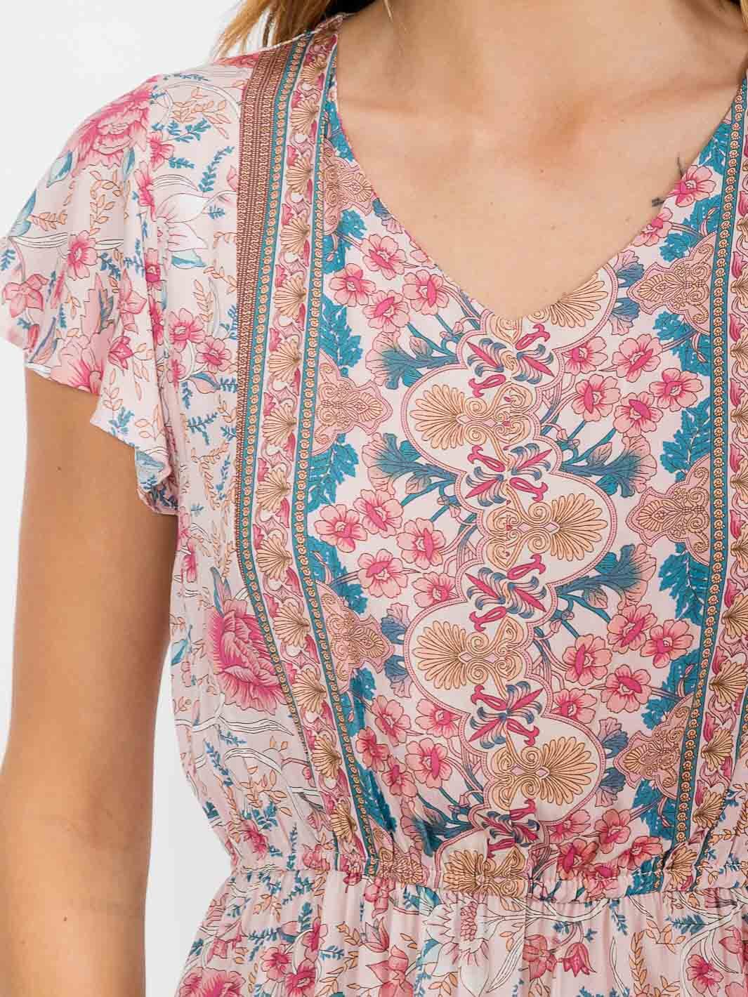 WOMEN'S RUFFLE SLEEVE V-NECK ELASTIC WAIST FLORAL MINI DRESS