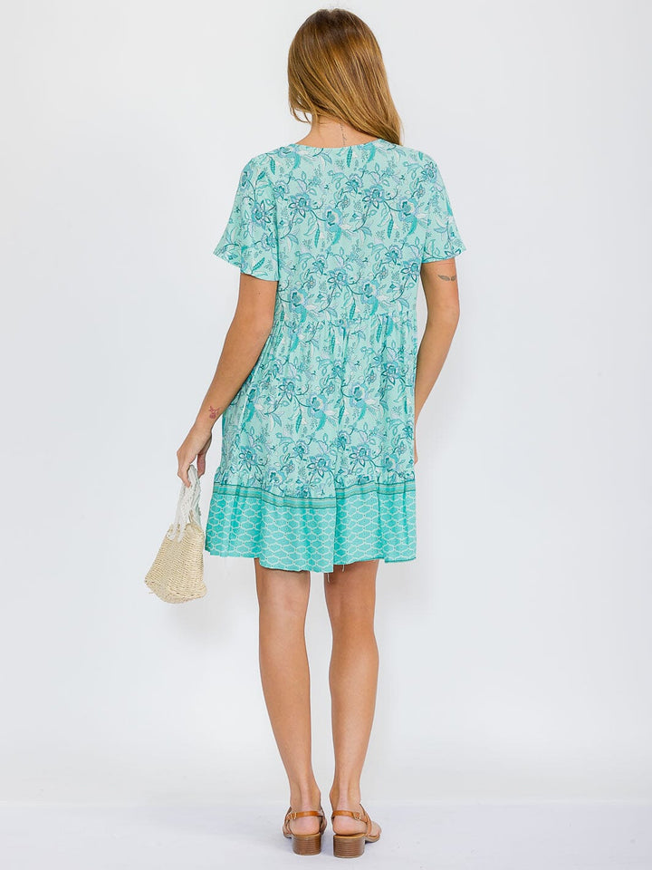 WOMEN'S SHORT SLEEVES BUTTON CLOSURE TUNIC FLORAL MINI DRESS