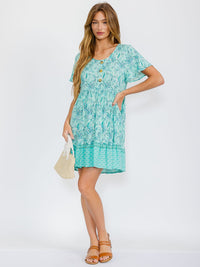 WOMEN'S SHORT SLEEVES BUTTON CLOSURE TUNIC FLORAL MINI DRESS