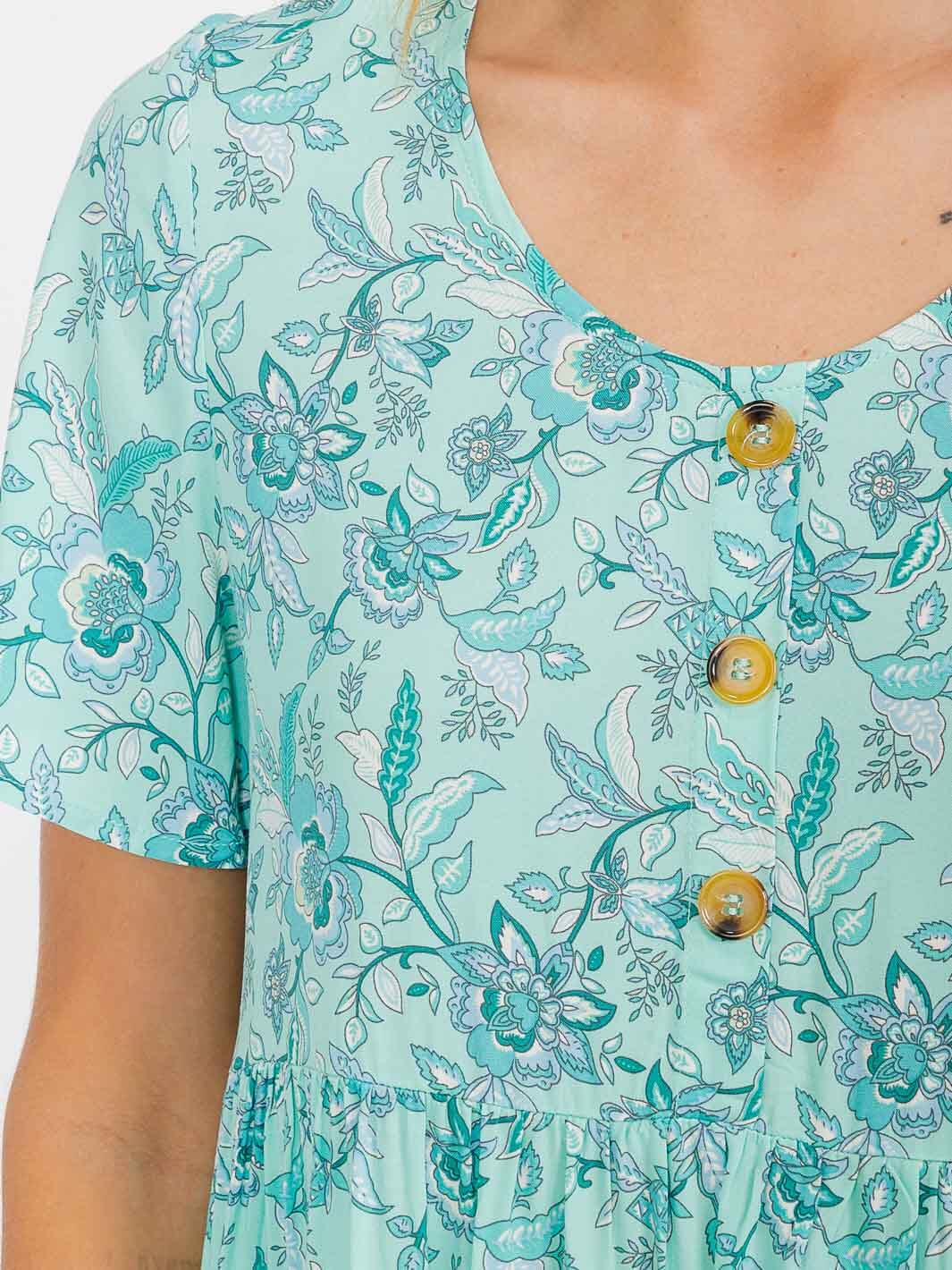 WOMEN'S SHORT SLEEVES BUTTON CLOSURE TUNIC FLORAL MINI DRESS