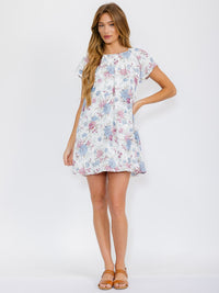 WOMEN'S SHORT SLEEVES FRONT POCKETS TUNIC FLORAL MINI DRESS