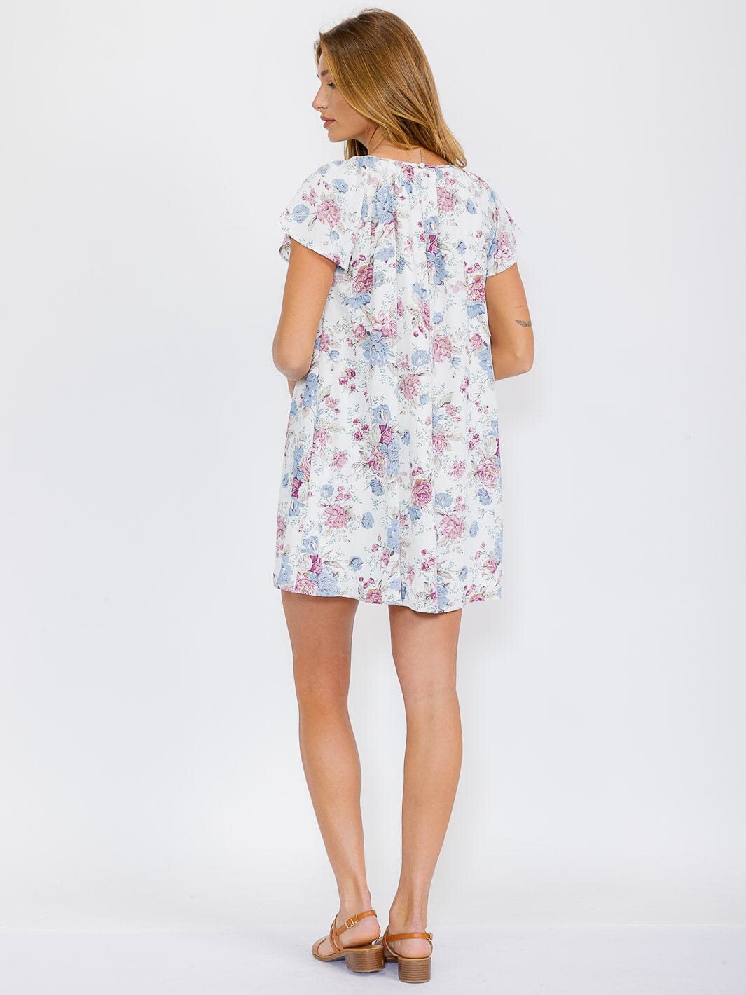 WOMEN'S SHORT SLEEVES FRONT POCKETS TUNIC FLORAL MINI DRESS