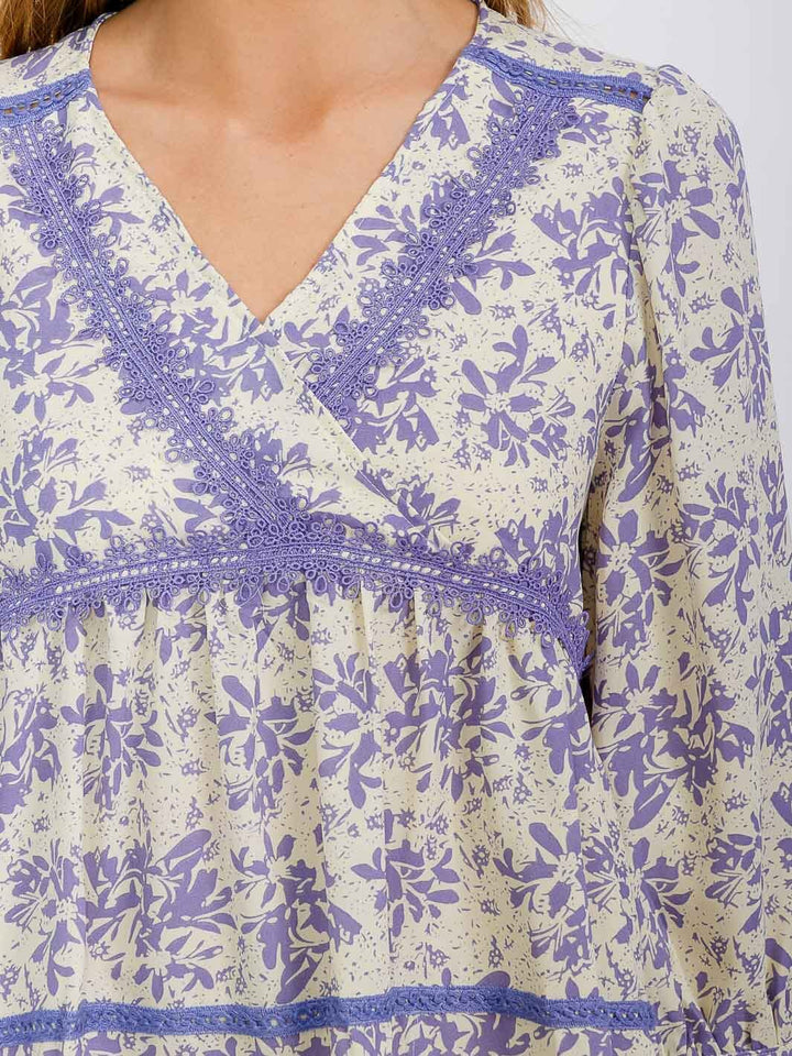 WOMEN'S 3/4 SLEEVES TIERED SURPLICE TRIM DETAILED FLORAL TUNIC MINI DRESS