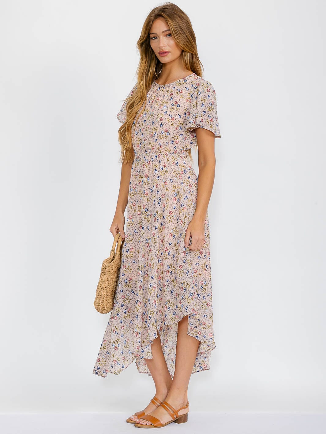 WOMEN'S SHORT SLEEVES ELASTIC WAIST HIGH-LOW FLORAL MAXI DRESS