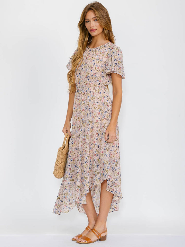 WOMEN'S SHORT SLEEVES ELASTIC WAIST HIGH-LOW FLORAL MAXI DRESS