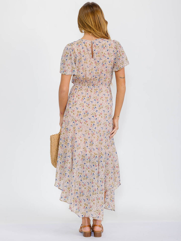 WOMEN'S SHORT SLEEVES ELASTIC WAIST HIGH-LOW FLORAL MAXI DRESS