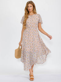 WOMEN'S SHORT SLEEVES ELASTIC WAIST HIGH-LOW FLORAL MAXI DRESS