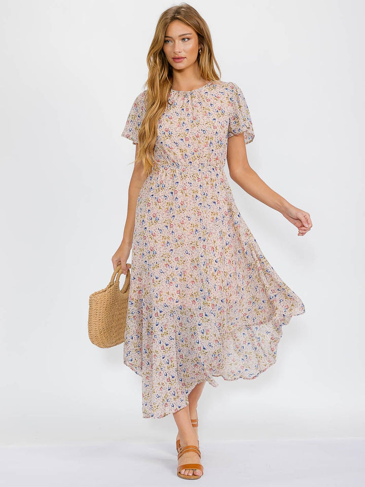 WOMEN'S SHORT SLEEVES ELASTIC WAIST HIGH-LOW FLORAL MAXI DRESS