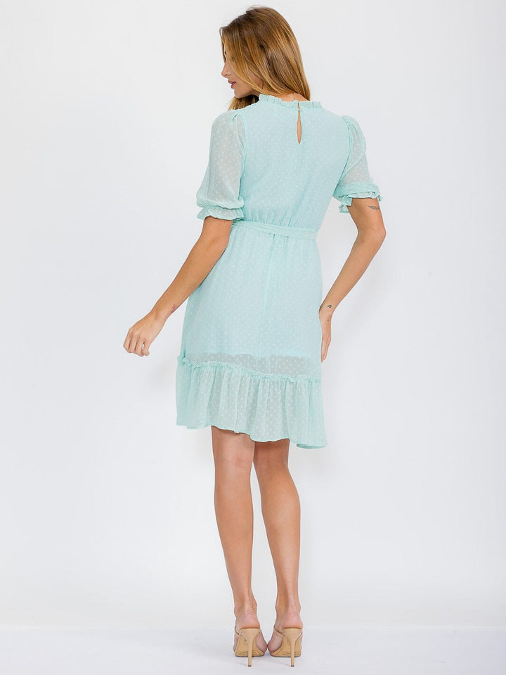 WOMEN'S SHORT SLEEVES SMOCK SELF TIE SWISS DETAILED MINI DRESS