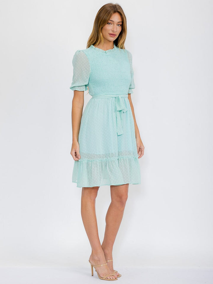 WOMEN'S SHORT SLEEVES SMOCK SELF TIE SWISS DETAILED MINI DRESS