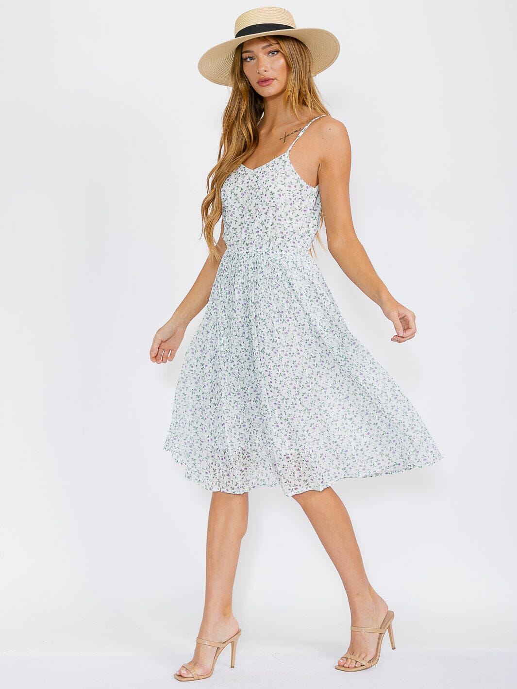 WOMEN'S SLEEVELESS ELASTIC WAIST FLORAL MIDI DRESS