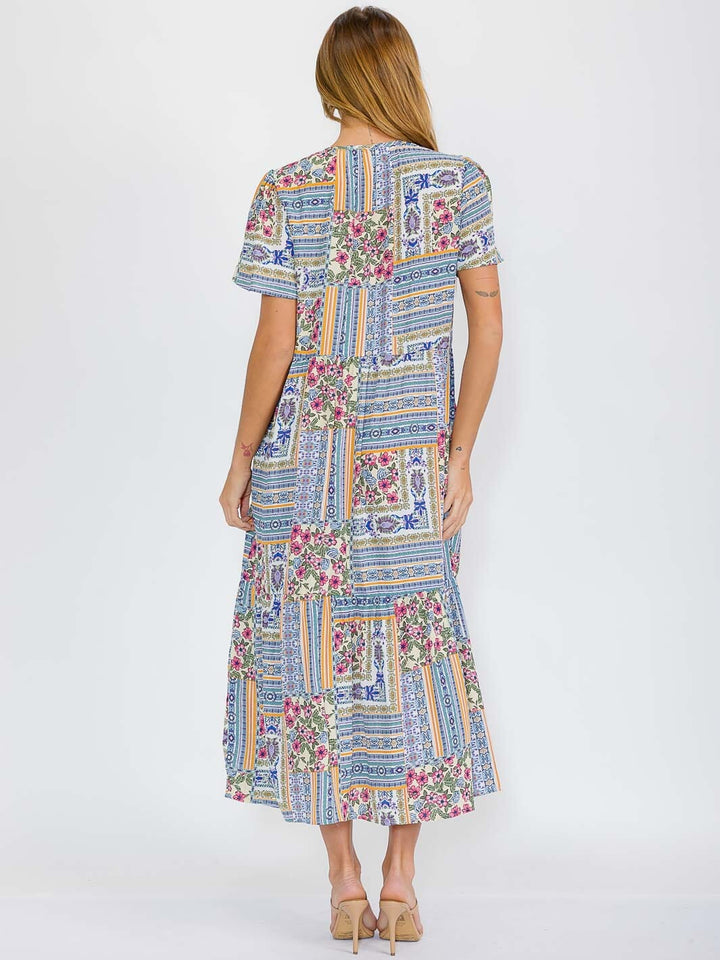 WOMEN'S SHORT SLEEVES V-NECK FRONT POCKETS FLORAL MAXI DRESS