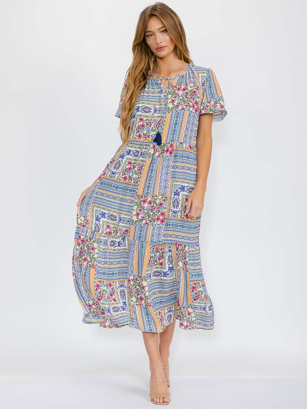 WOMEN'S SHORT SLEEVES V-NECK FRONT POCKETS FLORAL MAXI DRESS