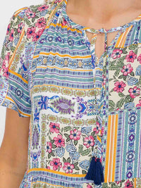 WOMEN'S SHORT SLEEVES V-NECK FRONT POCKETS FLORAL MAXI DRESS