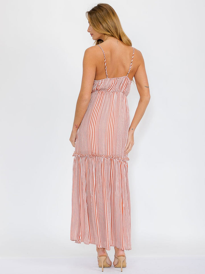 WOMEN'S SLEEVELESS V-NECK ELASTIC WAIST STRIPES MAXI DRESS