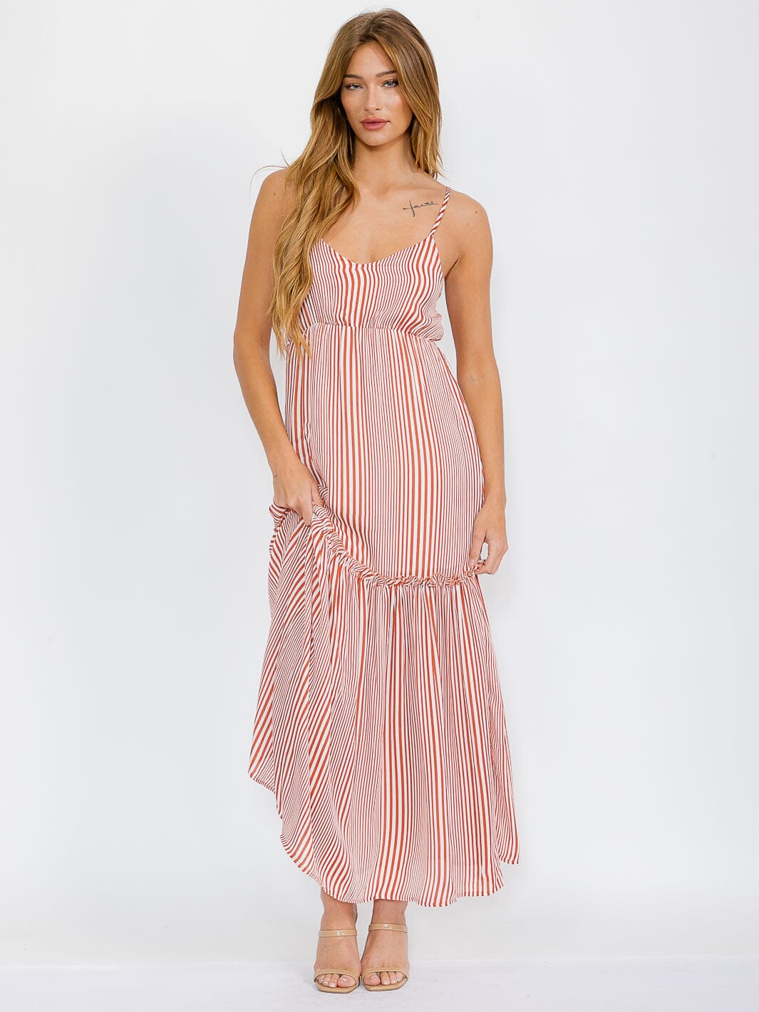 WOMEN'S SLEEVELESS V-NECK ELASTIC WAIST STRIPES MAXI DRESS