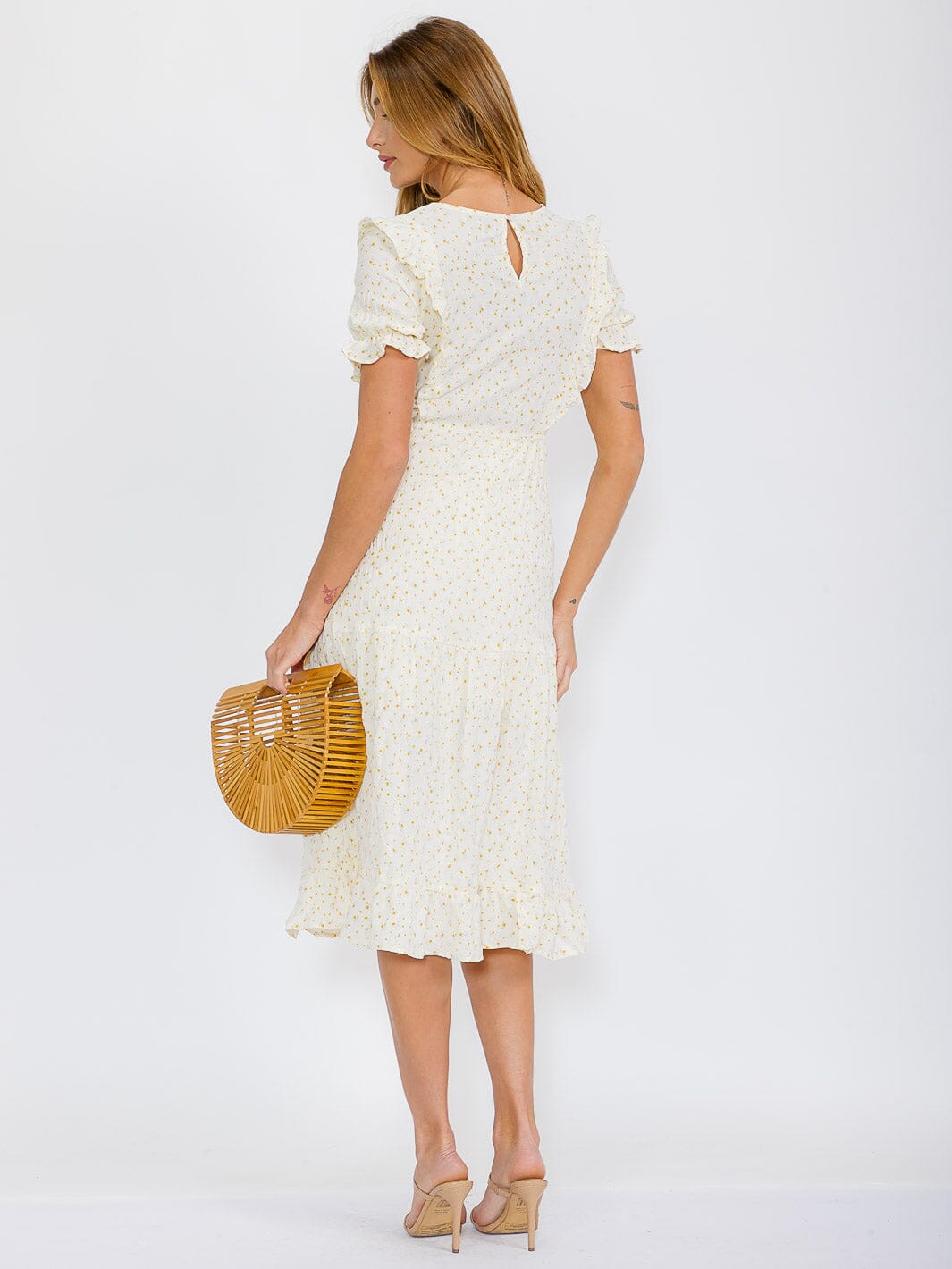 WOMEN'S SHORT SLEEVE ELASTIC WAIST SELF TIE FLOWER PRINT MIDI DRESS