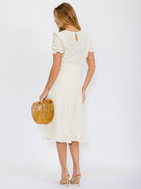 WOMEN'S SHORT SLEEVE ELASTIC WAIST SELF TIE FLOWER PRINT MIDI DRESS