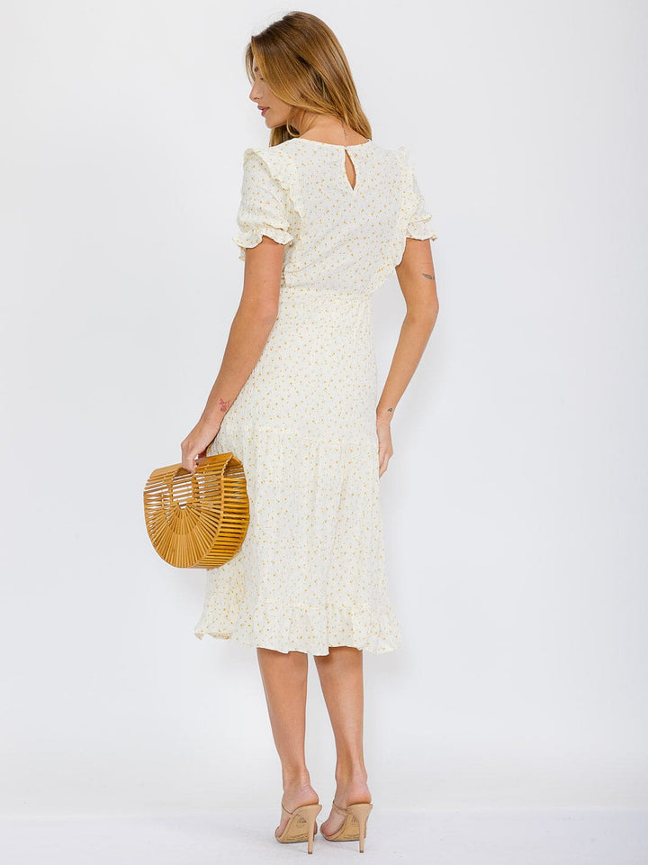 WOMEN'S SHORT SLEEVE ELASTIC WAIST SELF TIE FLOWER PRINT MIDI DRESS