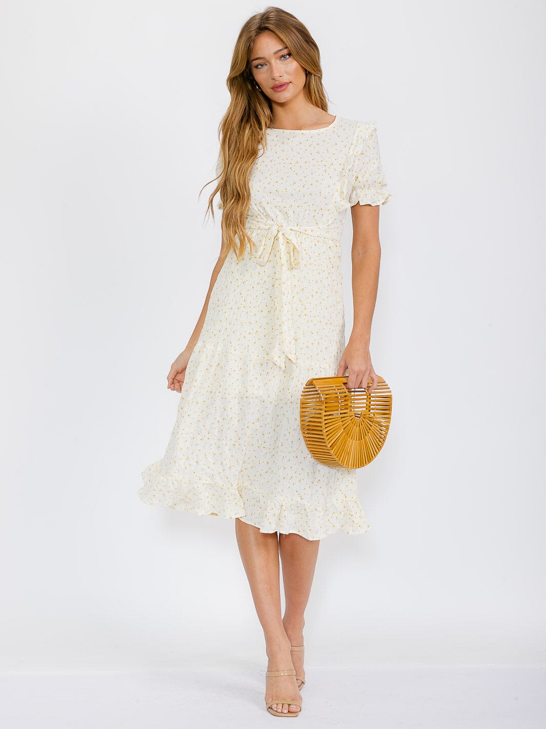 WOMEN'S SHORT SLEEVE ELASTIC WAIST SELF TIE FLOWER PRINT MIDI DRESS