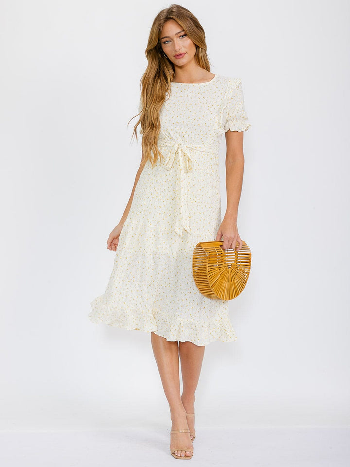 WOMEN'S SHORT SLEEVE ELASTIC WAIST SELF TIE FLOWER PRINT MIDI DRESS