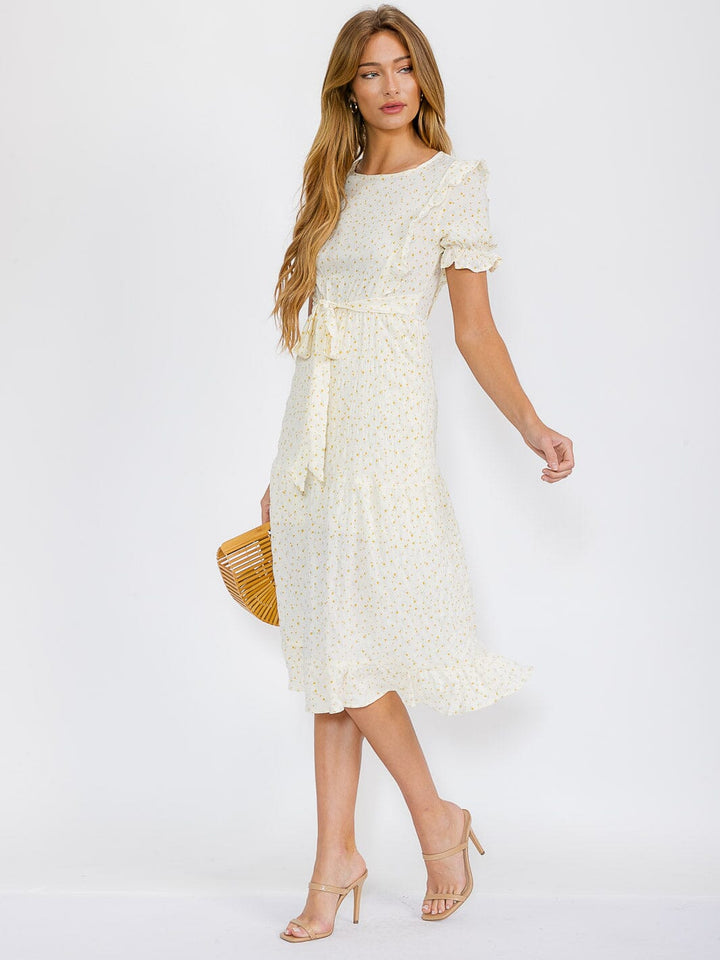 WOMEN'S SHORT SLEEVE ELASTIC WAIST SELF TIE FLOWER PRINT MIDI DRESS